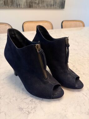 Paul Green Navy Suede Peep-Toe Zip Ankle Booties